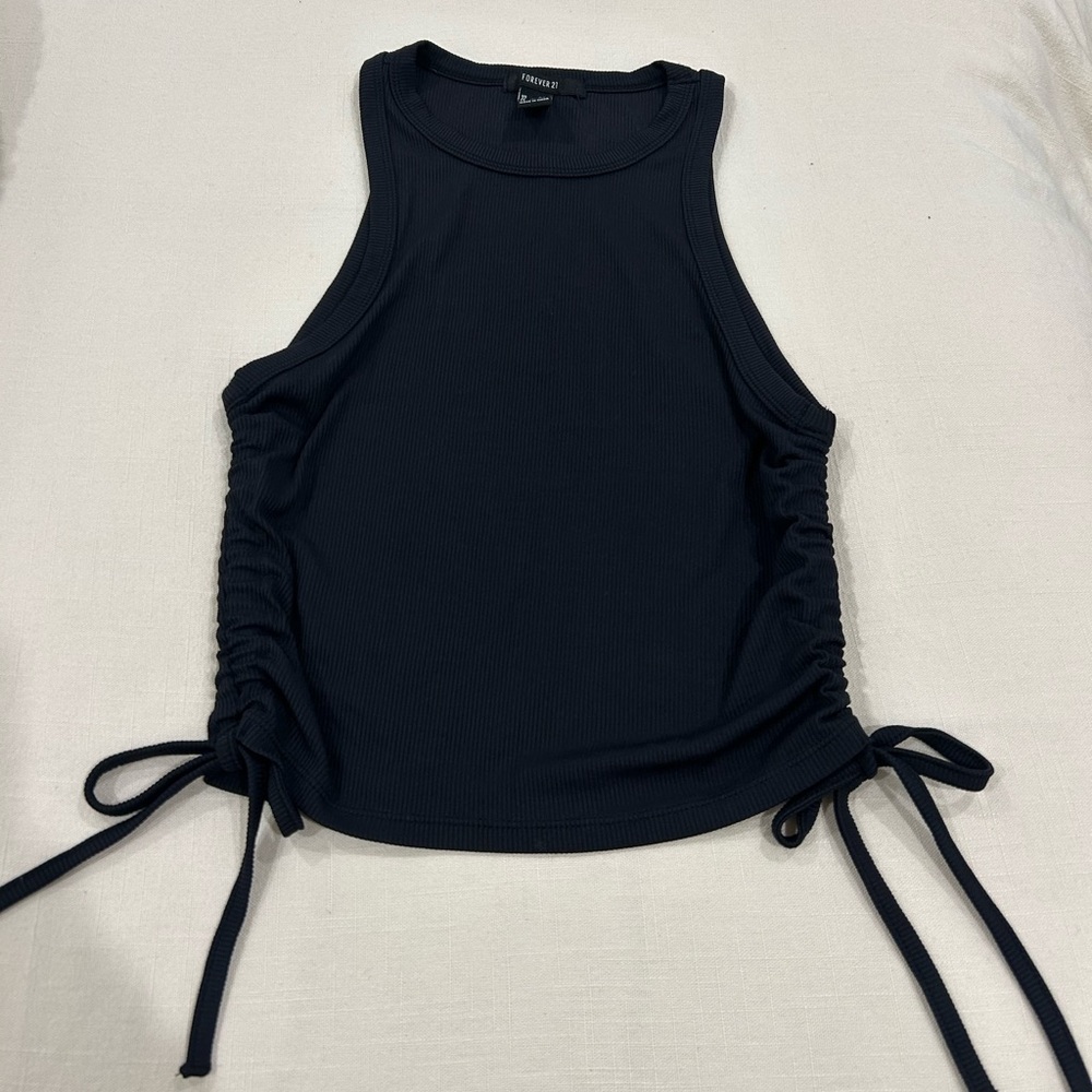 Black Ribbed Side-Tie Cropped Tank
